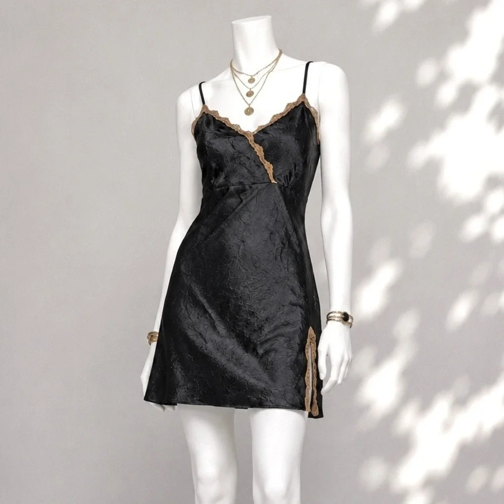 Vintage Y2K Whimsigoth Black Slip Dress L Dark Romantic SatinChemise Kathryn